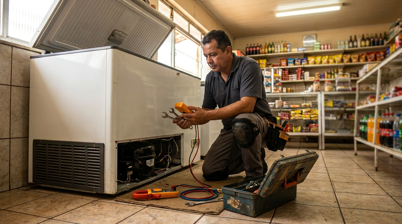 Profissional executando manutenção no motor de freezer em Teresina‑PI