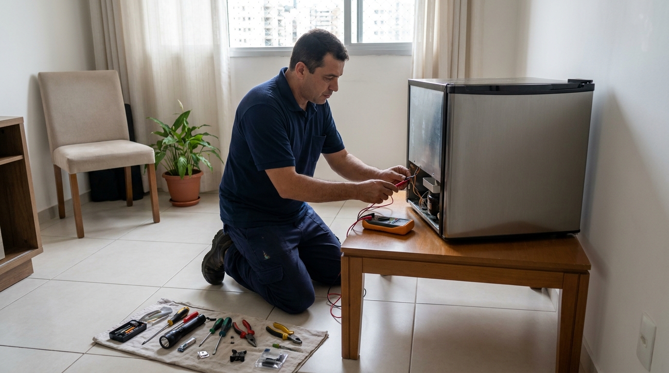 Técnico fazendo manutenção do motor de frigobar em Teresina‑PI