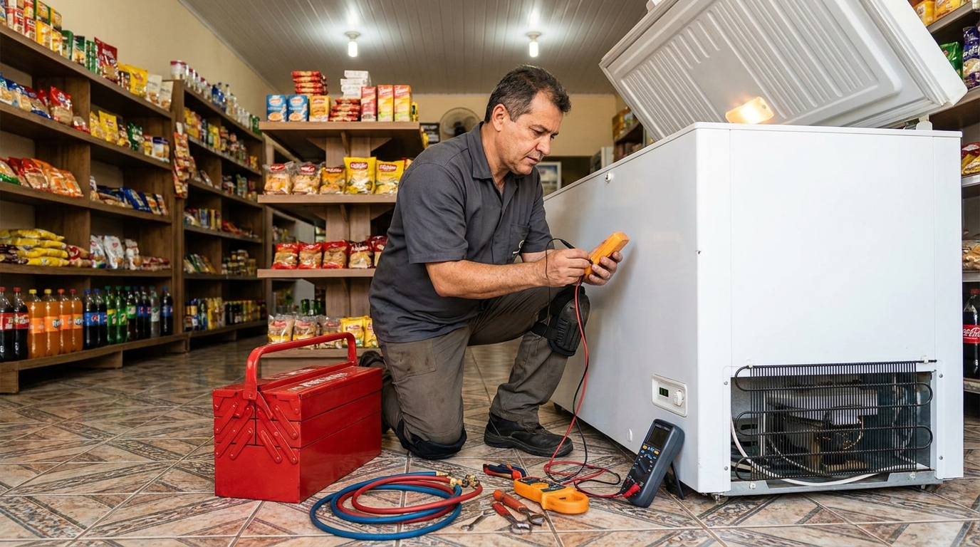Recarga de gás refrigerante no freezer durante atendimento em Teresina‑PI